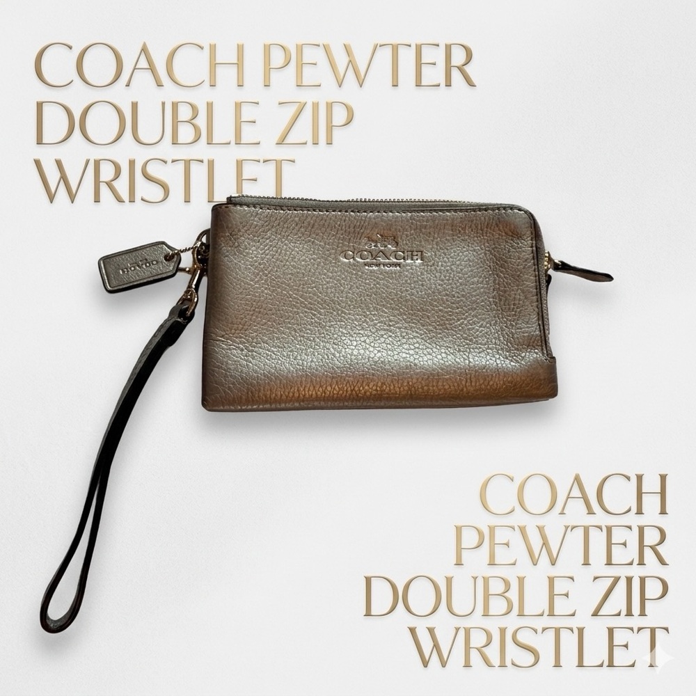 COACH Metallic Pewter Double Zip Wallet Wristlet